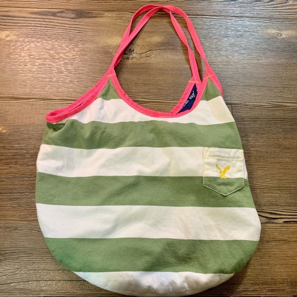 American Eagle Outfitters Green and White Striped Beach Tote Bag